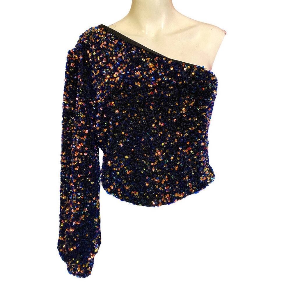 Zara One Shoulder Sequin Holiday Crop Top in Size L